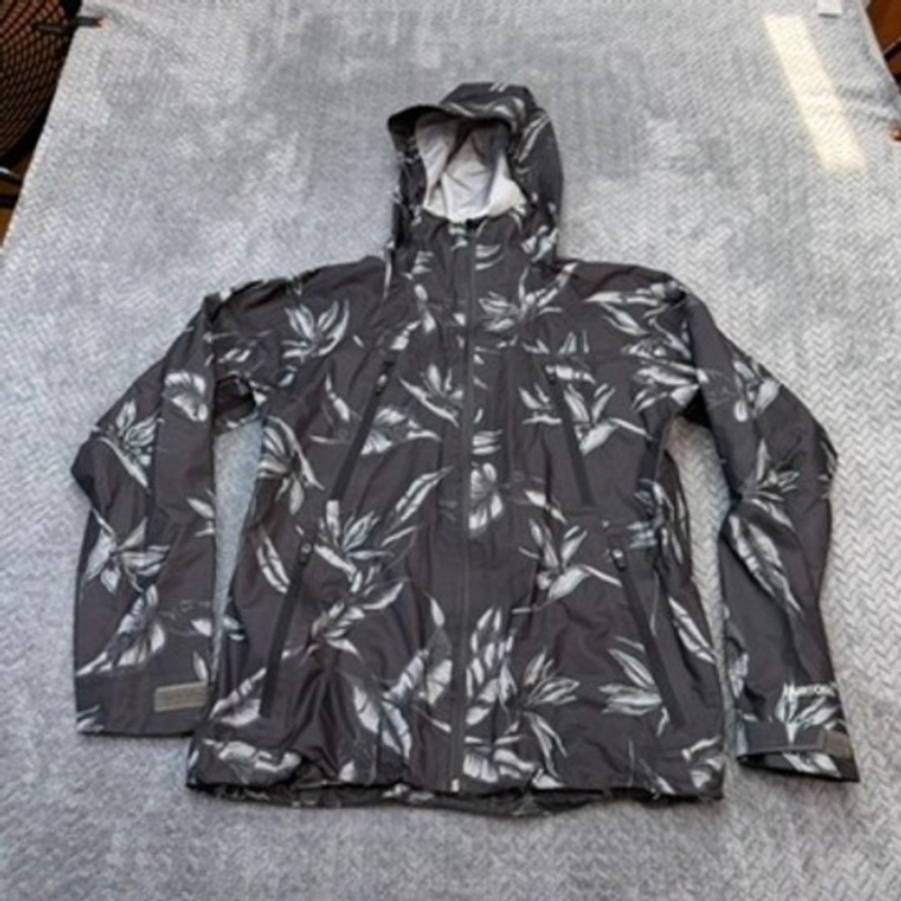 Burton Rain Jacket Mens Small Black Floral Palm Leaf Print Hooded Shell